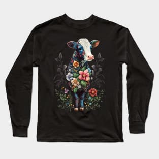 Cute Floral Cow Heifer Animal Lover Dairy Farming Farmer Long Sleeve T-Shirt